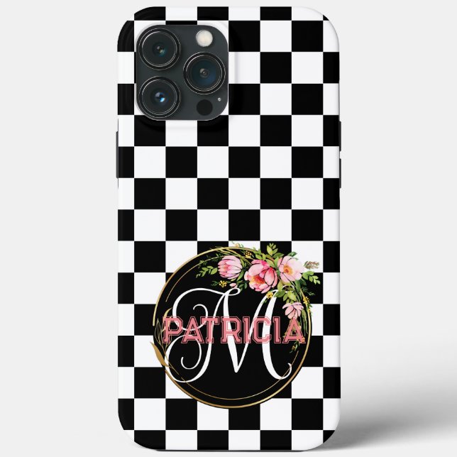 Chic pink floral chequered black & white monogram Case-Mate iPhone case (Back)