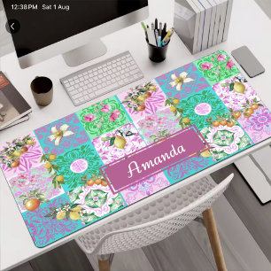 Chic Pink Floral Collage Sicilian Citrus Tiles Desk Mat