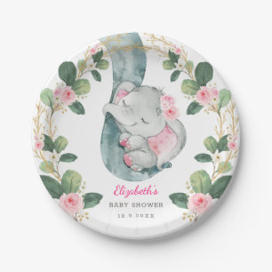 Chic Pink Floral Elephant Baby Shower Girl Paper Plate