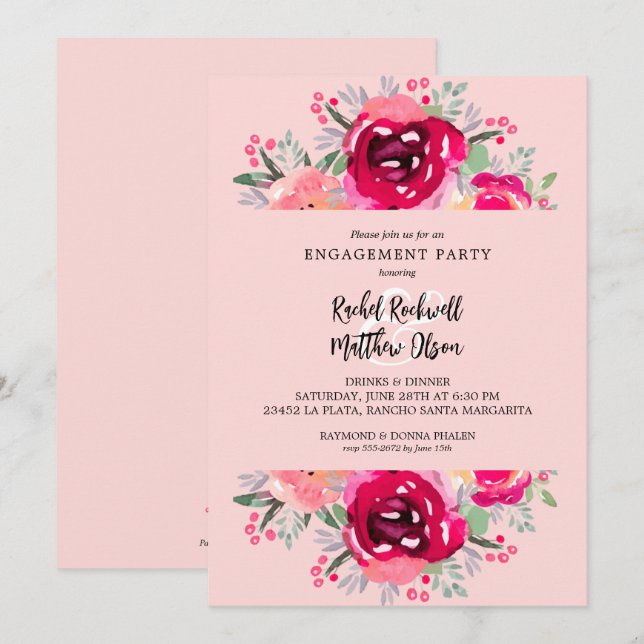 Chic Pink Floral Engagement Party Invitation (Front/Back)