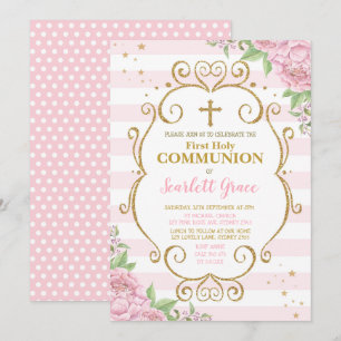 Chic Pink Floral First Holy Communion Princess Invitation