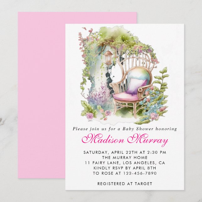 Chic Pink Floral Flower Garden Chair Baby Shower Invitation (Front/Back)
