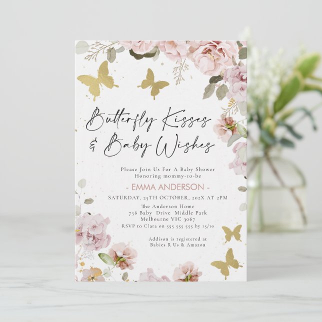 Chic Pink Floral Gold Butterfly Kisses Baby Shower Invitation (Standing Front)