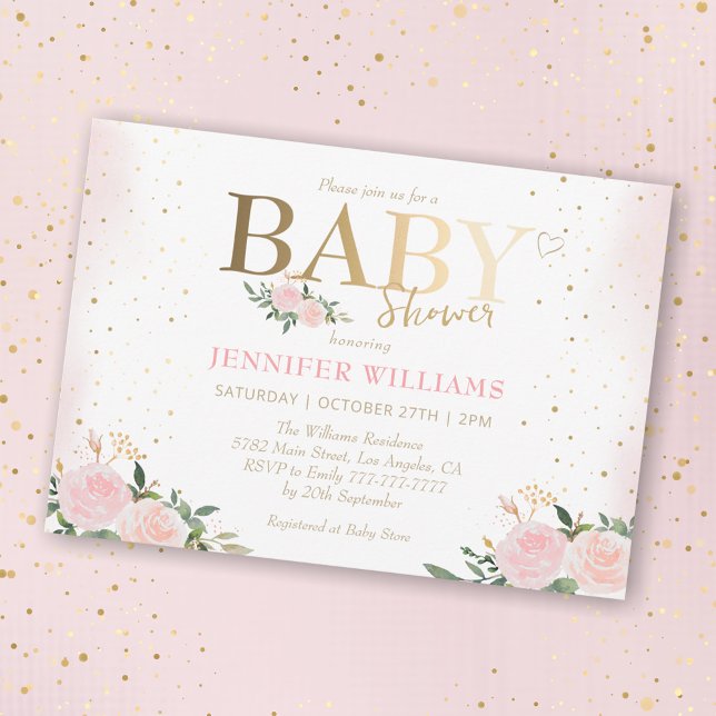 Chic Pink Floral Gold Girl Baby Shower Invitation (Creator Uploaded)