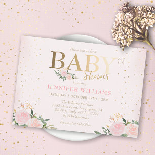 Chic Pink Floral Gold Girl Baby Shower Invitation