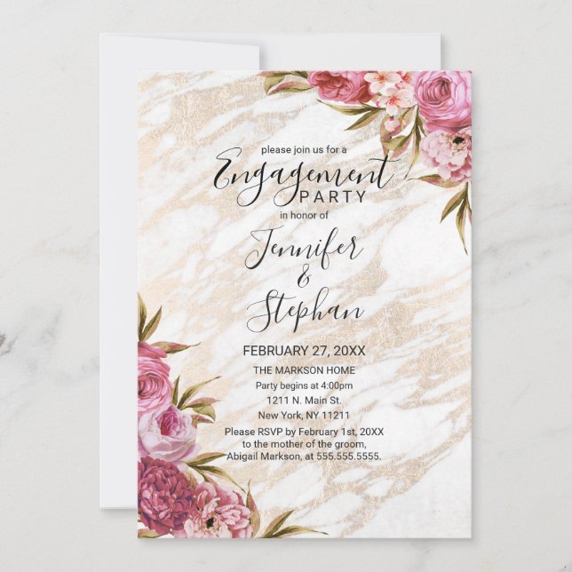 Chic Pink Floral Gold Marble Engagement Invitation (Front)