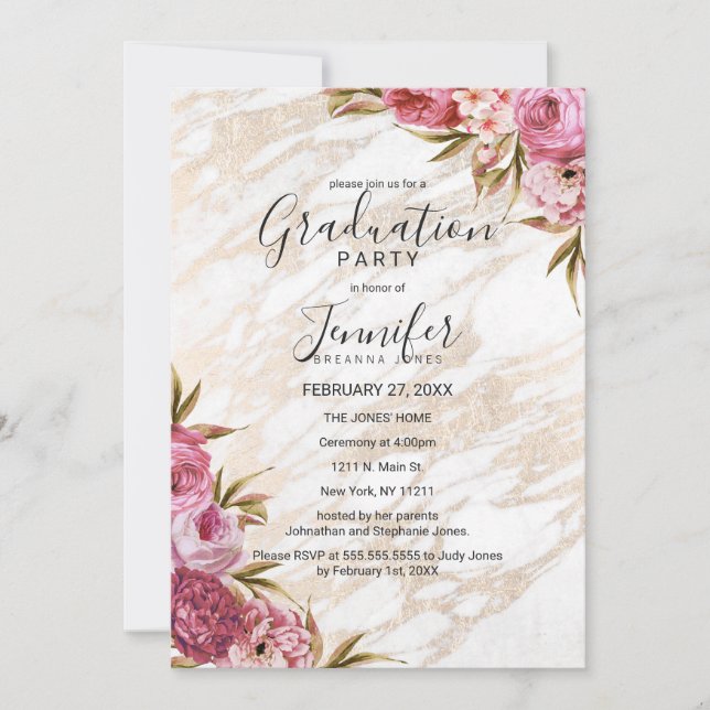 Chic Pink Floral Gold Marble Graduation Party Invitation (Front)