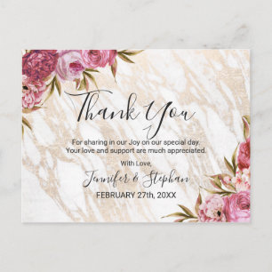 Chic Pink Floral Gold Marble Thank You Postcard