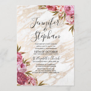 Chic Pink Floral Gold Marble Wedding Invitation