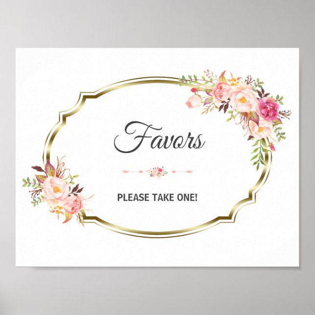 Chic Pink Floral Gold Wedding Favour Sign (Front)