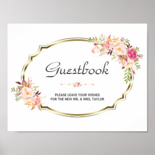 Chic Pink Floral Gold Wedding Guestbook Sign