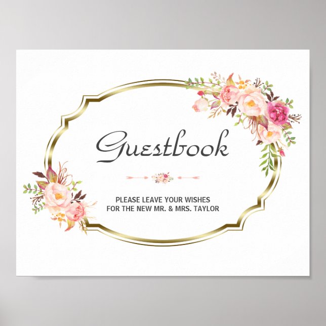 Chic Pink Floral Gold Wedding Guestbook Sign (Front)