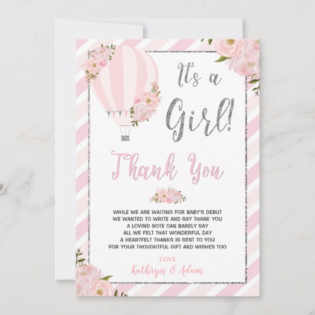 Chic Pink Floral Hot Air Balloon Baby Shower Thank You Card (Front)