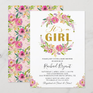 Chic Pink Floral It's A Girl Baby Shower Invitation