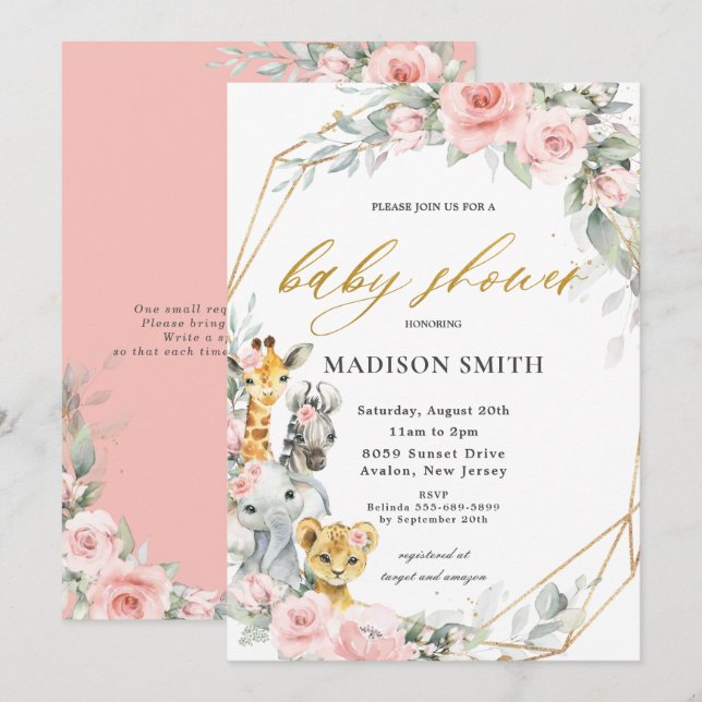 Chic Pink Floral Jungle Animals Baby Shower Girl Invitation (Front/Back)
