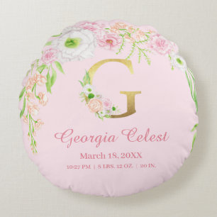 Chic Pink Floral Monogram Baby Stats Round Cushion