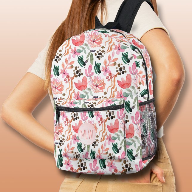 Chic Pink Floral Monogrammed Printed Backpack (Chic Pink Floral Monogrammed Printed Backpack)