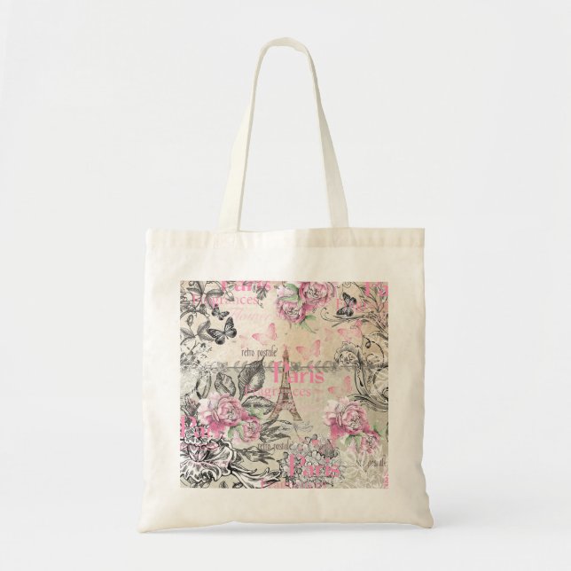 Chic pink floral Paris Eiffel Tower typography Tote Bag (Front)