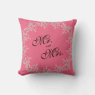 Chic Pink Floral & Pearls Wedding "Mr & Mrs" Cushion