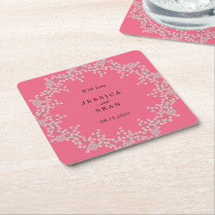 Chic Pink Floral & Pearls Wedding Square Paper Coaster