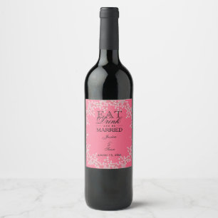 Chic Pink Floral & Pearls Wedding Wine Label