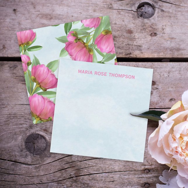 Chic Pink Floral Peonies Elegant Flower Blue  Card (Creator Uploaded)