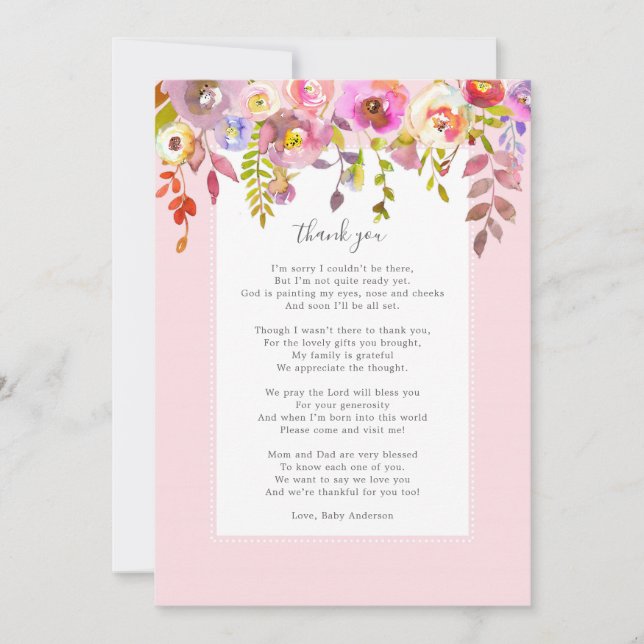 Chic pink floral poem baby shower thank you card (Front)