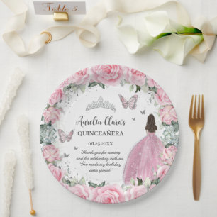 Chic Pink Floral Princess Silver Quinceañera XV Paper Plate