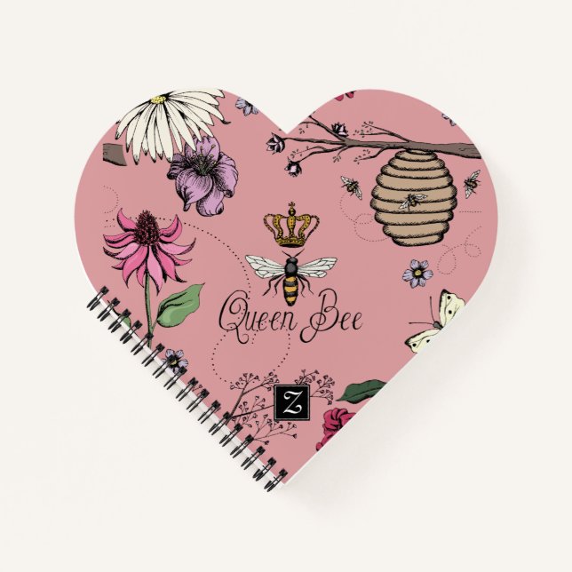 Chic Pink Floral Queen Bee & Gold Crown Notebook (Front)
