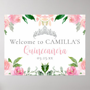 Chic Pink Floral Quinceañera Party Welcome Poster