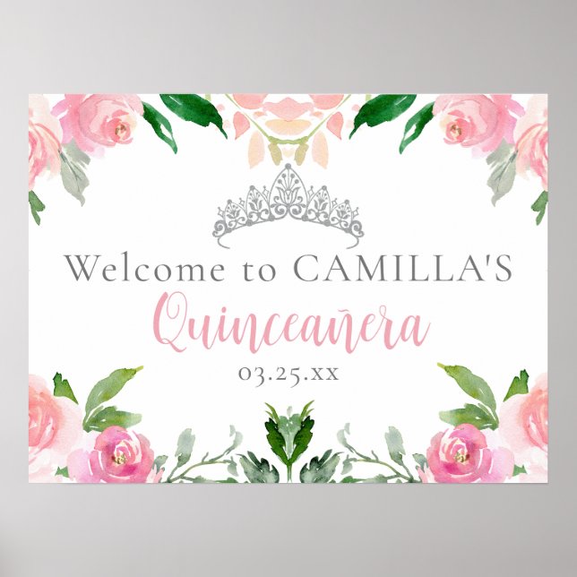 Chic Pink Floral Quinceañera Party Welcome Poster (Front)