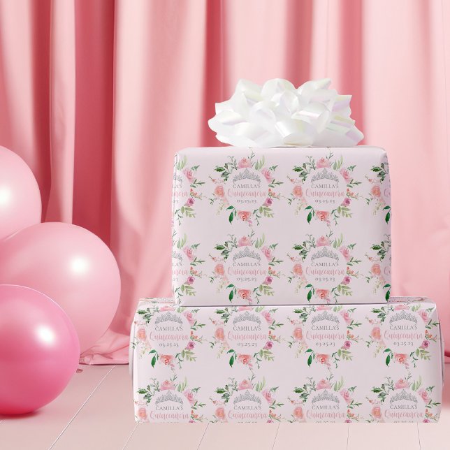 Chic Pink Floral Quinceañera Silver Tiara Birthday Wrapping Paper (Creator Uploaded)