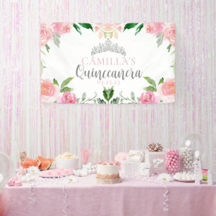 Chic Pink Floral Quinceañera Silver Tiara Party Banner