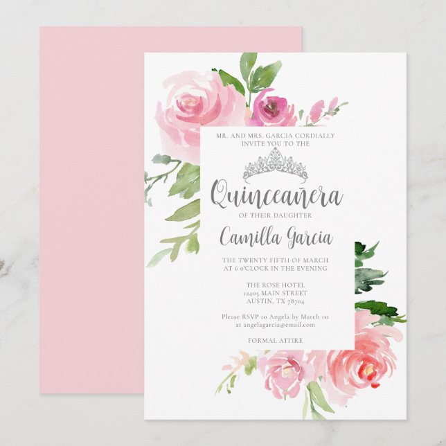 Chic Pink Floral Quinceañera Silver Tiara Party Invitation (Front/Back)