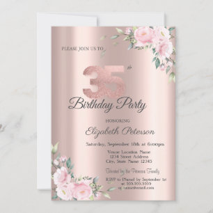 Chic Pink Floral Rose Gold 35th Birthday Party Invitation