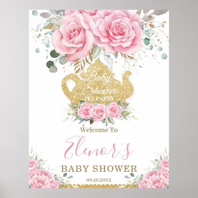 Chic Pink Floral Roses Baby Shower High Tea Party  Poster (Front)