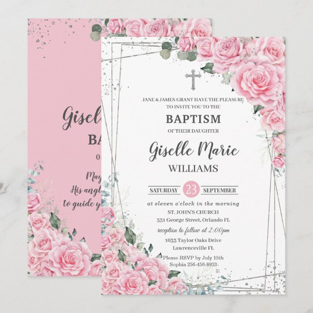 Chic Pink Floral Roses Silver Baptism Christening  Invitation (Front/Back)
