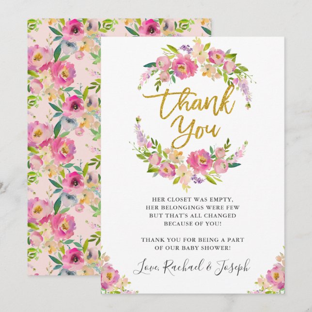 Chic Pink Floral Script Baby Shower Thank You Card (Front/Back)