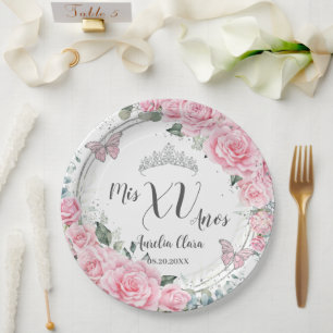 Chic Pink Floral Silver Butterflies Quinceañera XV Paper Plate