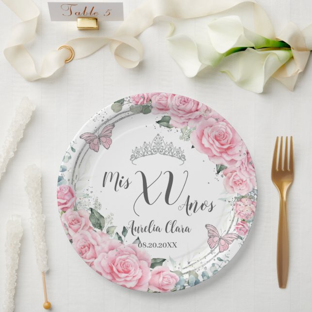 Chic Pink Floral Silver Butterflies Quinceañera XV Paper Plate (Wedding)