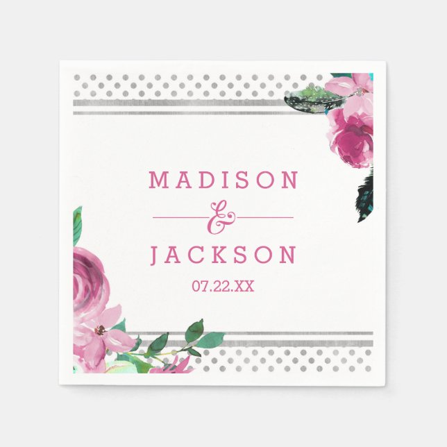 Chic Pink Floral & Silver Dots Monogram Wedding Napkin (Front)