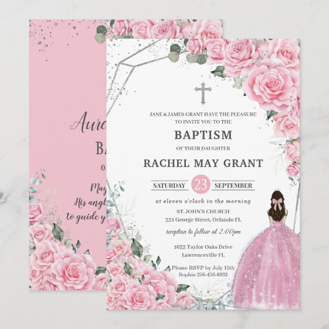 Chic Pink Floral Silver Girl Baptism Christening Invitation (Front/Back)