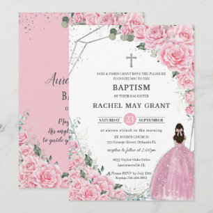 Chic Pink Floral Silver Girl Baptism Christening Invitation
