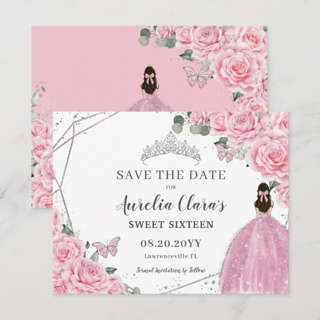 Chic Pink Floral Silver Quinceanera Sweet Sixteen Save The Date (Front/Back)