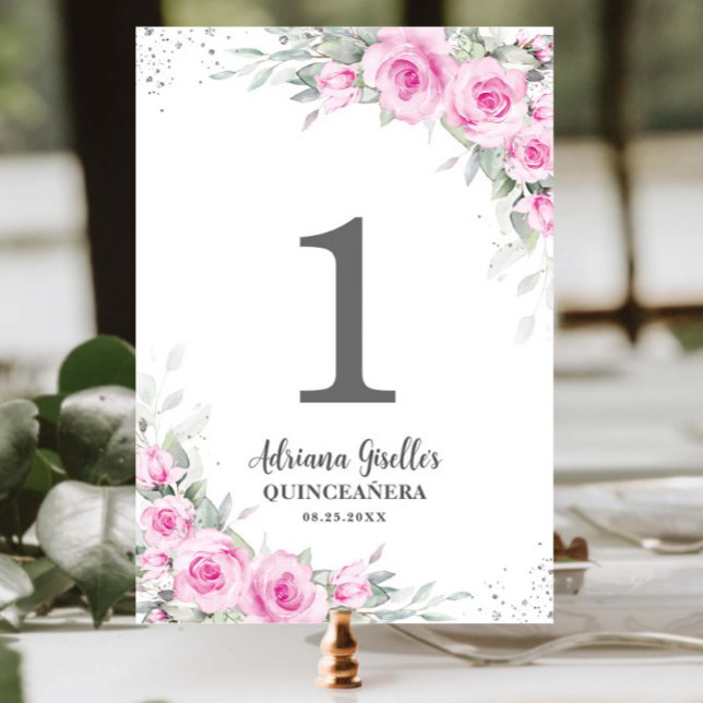 Chic Pink Floral Silver Quinceañera XV Sweet 16 Table Number (Creator Uploaded)