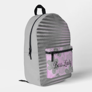 Chic Pink Floral Silver Stripes "Boss Lady" Printed Backpack