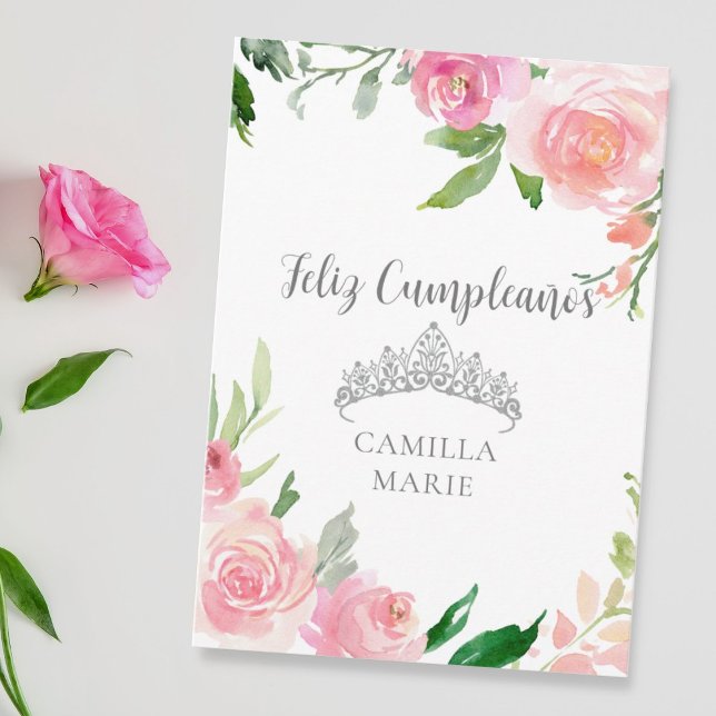 Chic Pink Floral Silver Tiara Feliz Cumpleaños Card (Creator Uploaded)