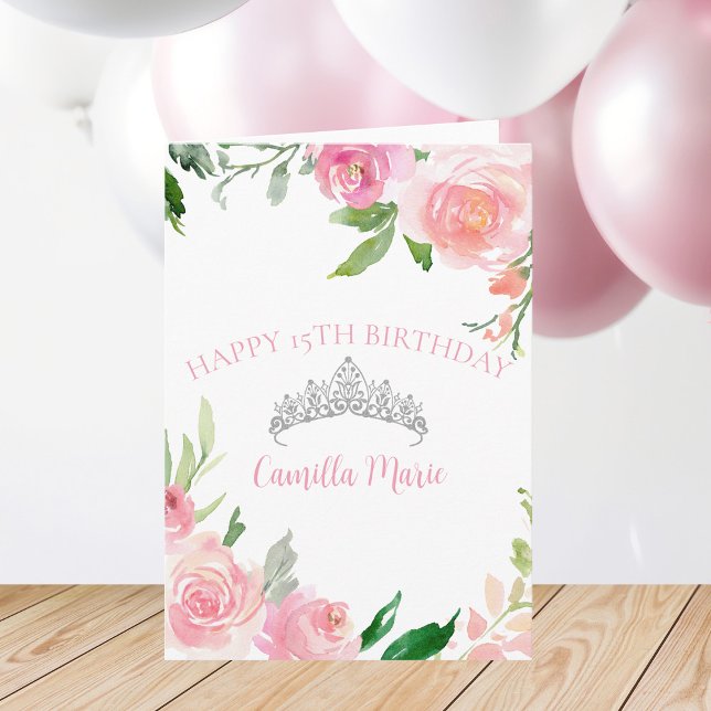 Chic Pink Floral Silver Tiara Quinceañera Birthday Card (Creator Uploaded)