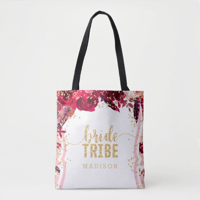 Chic Pink Floral Stripes Gold Confetti Bride Tribe Tote Bag (Front)