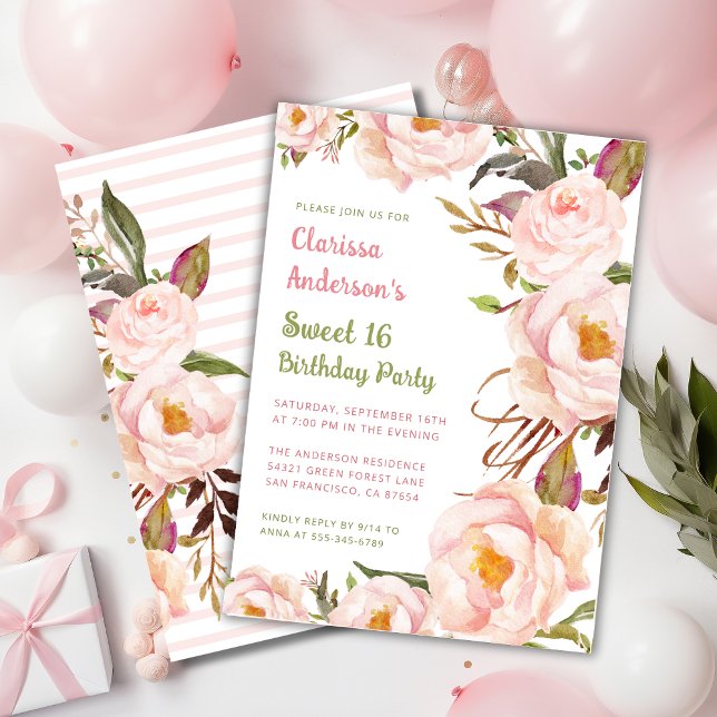 Chic Pink Floral Sweet 16 Birthday  Invitation (Creator Uploaded)
